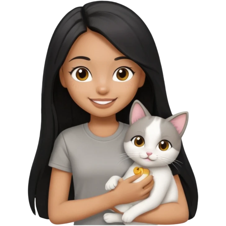 a pretty tan bratz girl with black long straight hair, wearing a grey tshirt smiling and holding a white cat\ emoji