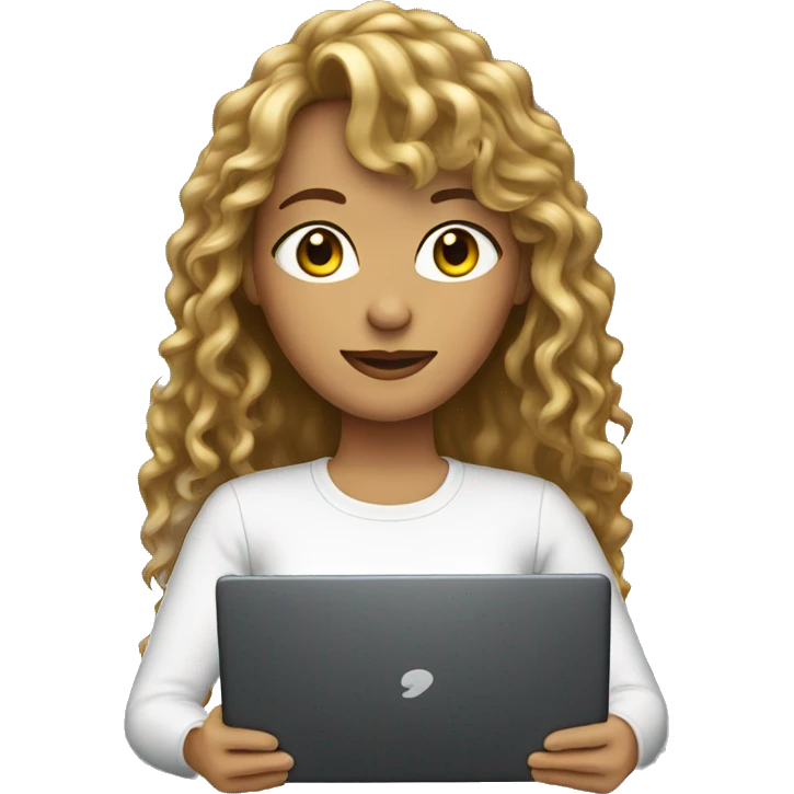 A woman with long permed hair with bangs holding a laptop emoji