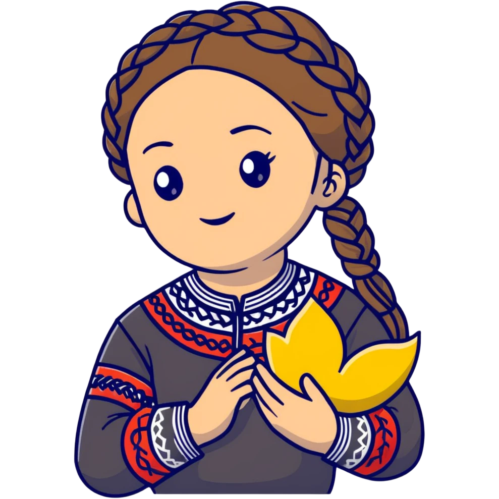 Ukrainian young girl with braided hair wearing traditional vyshyvanka embroidered shirt holding the sun in her hands emoji