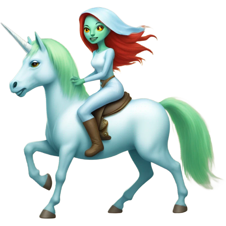 [politically incorrect
	{ woman: alien, color: light green, hair:red, eyes:cat} ]
	on a 
	[{ unicorn: white, legged:four, mane: light blue }] emoji