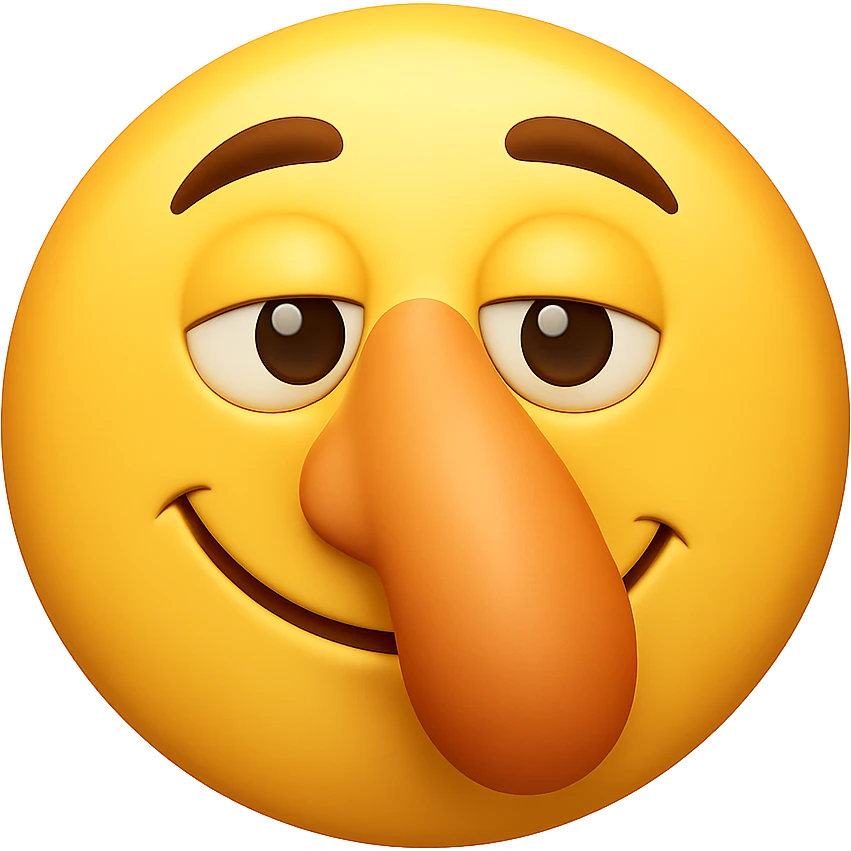 Create a yellow smiley face emoji with a large nose and the same facial expression as the reference image. The style should be 3D iOS emoji style, capturing the exact look and feel of the original emoji. emoji