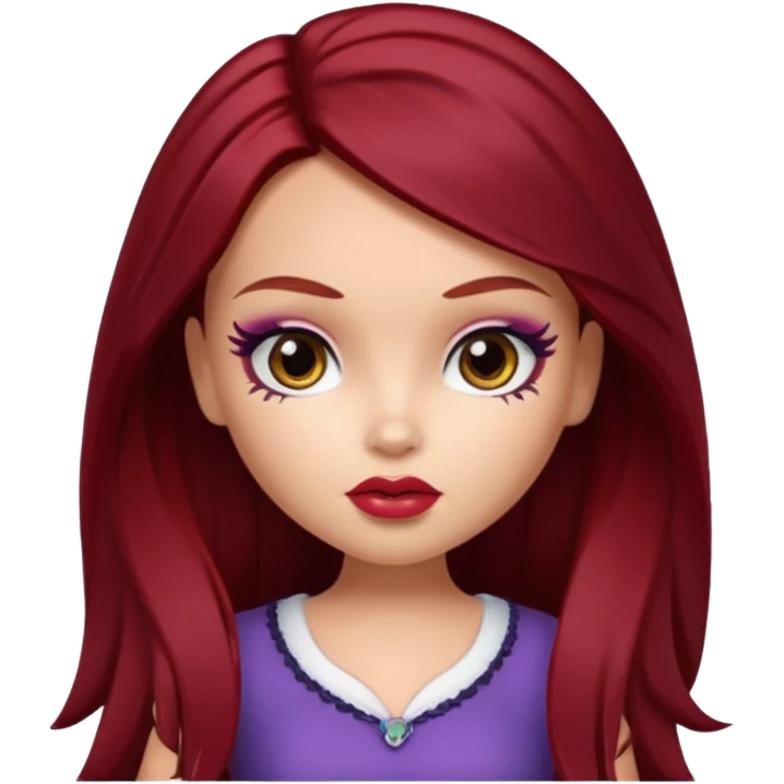 Bratz doll with dark red hair and a beauty mark above lip emoji