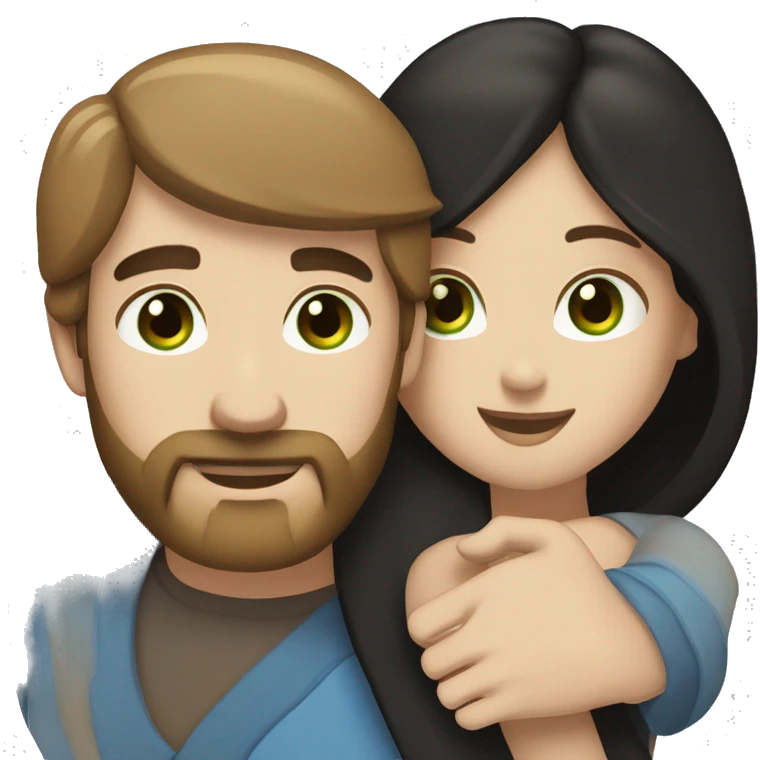 White man BROWN beard and blue eyes and BROWN hair hugging white woman with long straight black hair and green eyes emoji