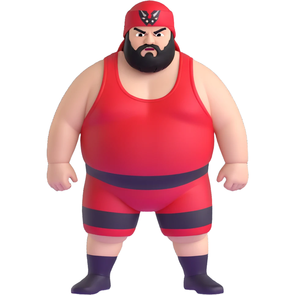 White skin fat guy with prominent black durag, black beard, black eyes in a red and black wrestling singlet with angry face emoji