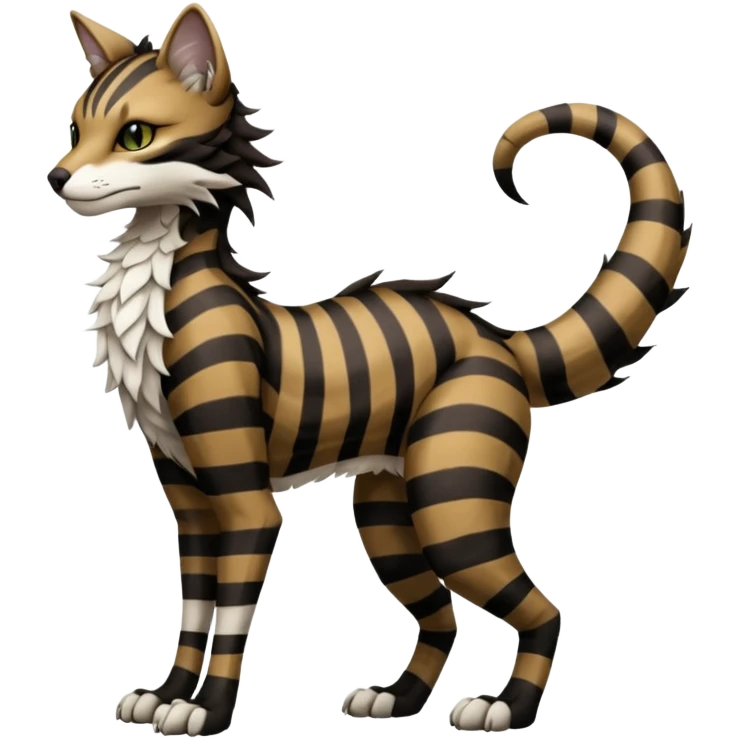 Brown and black and white striped fantasy feline-vernid-sergal-fursona animal creature with a tufted tail full body with intricate markings  emoji