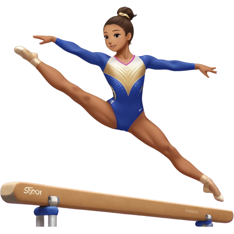 A gymnast performing a flawless routine on the balance beam, showcasing strength and grace. The scene captures the precise, elegant movement with perfect balance and form. The background features a gymnastics arena with vibrant lighting and cheering crowds, emphasizing athleticism and poise. emoji