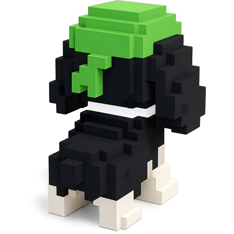 A black and white Russian Cocker Spaniel puppy wearing a green durag, voxel style, facing backward emoji