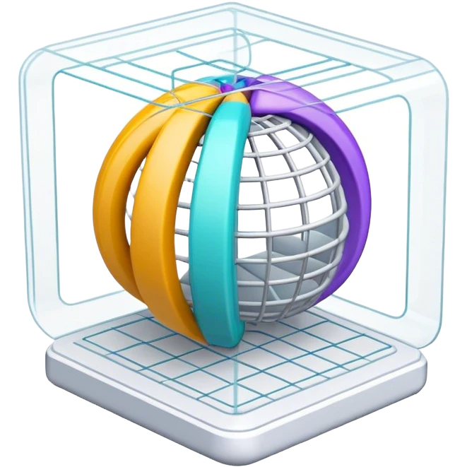 Create an emoji for 3D visualization and modeling. Show a 3D object with wireframe lines and a 3D modeling tool interface. Use modern, professional colors. Do not include any emojis or smiley faces. Make the background transparent. emoji