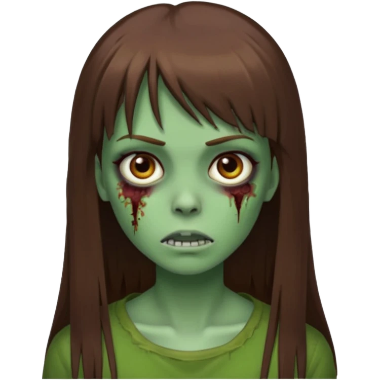 Zumbi feminino, de pele verde, cabelo marrom, longo, liso e castanho com franja reta emoji