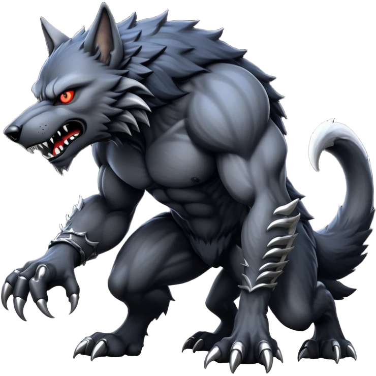 cinematic-noble-fierce-werewolf-on all fours-emoji, poised-and-imposing, with a tall, lean, and muscular wolfish frame inspired by the brutal, imposing shape of the beast from Berserk, fur rippling in shades of midnight black and silver, massive paws with razor-sharp claws, elongated limbs and fangs, eyes glowing with an intense, primal ferocity, reflecting the untamed power of the wild moonlit night; rendered with realism emoji