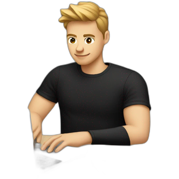 young white cool designer working on laptop no glasses wearing black t shirt emoji