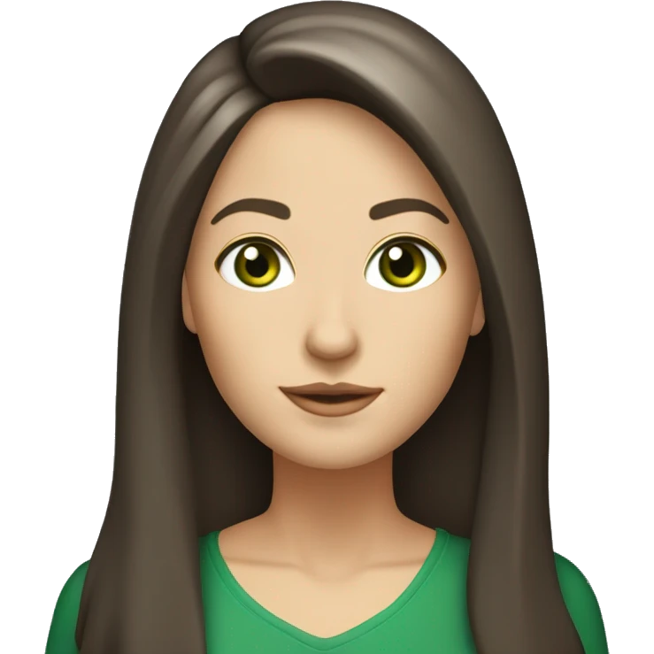 brunette medium build 42 year old teacher with green eyes, round face, white skin and long hair parted in the middle with curtain bangs emoji