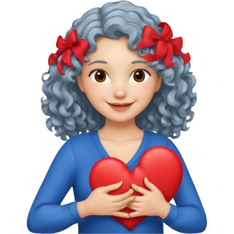 silver, wavy/curly hair chin-length lady giving hug with 2 arms, blue v-neck and smilingm add a heart emoji