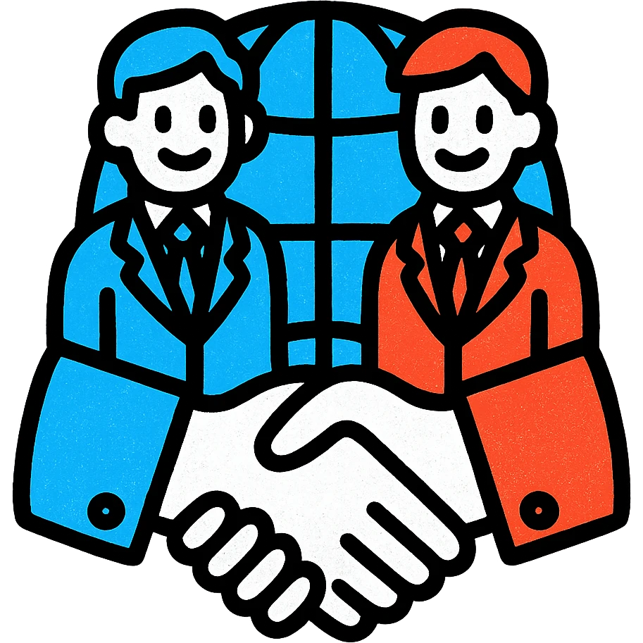 A colorful icon of a handshake between two businesspeople from different countries with a globe in the background, using only colors #1E90FF, #F13816, and #FFFFFF emoji