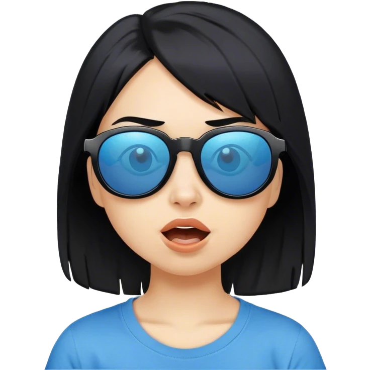 A girl with black bob hair with pony, wearing black sunglasses，funny(0.5) face (0.5)，wacky expression, a blue t-shirt. emoji
