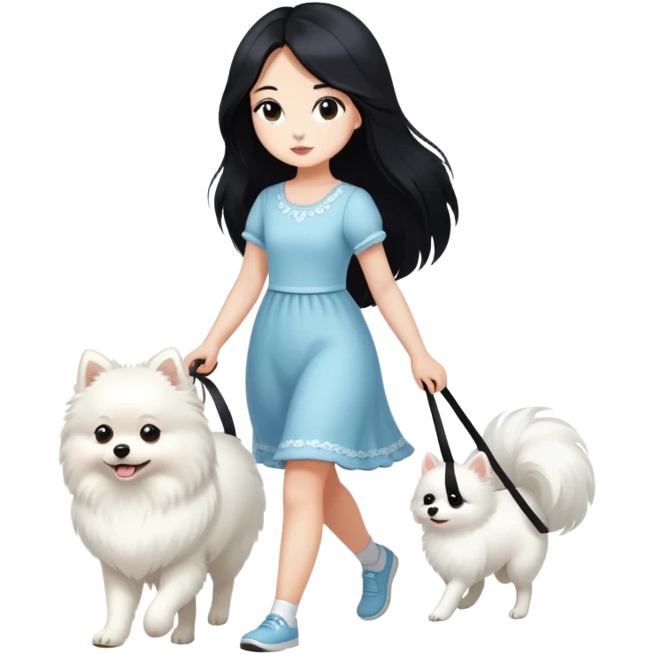 A girl with long black hair walks a white Pomeranian emoji