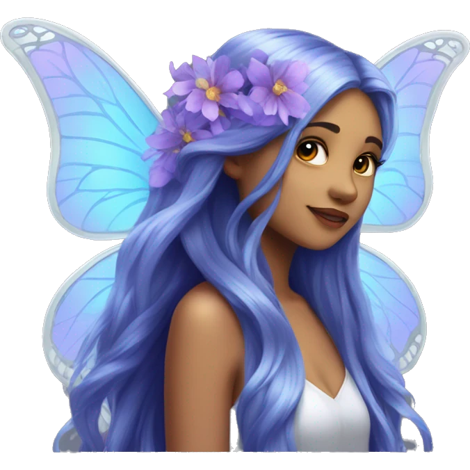 Beautiful, flower, fairy, blue, silver, purple, long hair, big butterfly wings emoji