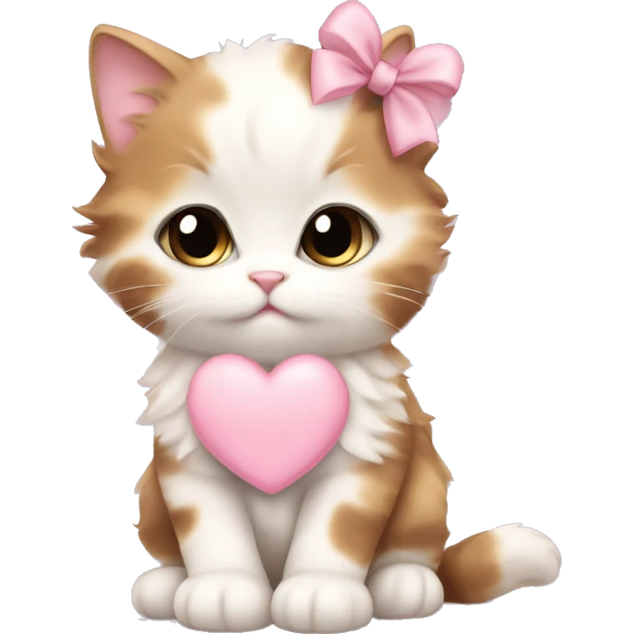 calico fluffy fat kitten with pale pink bow holding a pale pink heart emoji