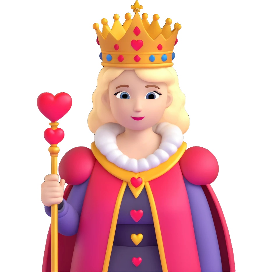 Queen of Hearts from Alice in Wonderland, classic look, crown and heart scepter emoji