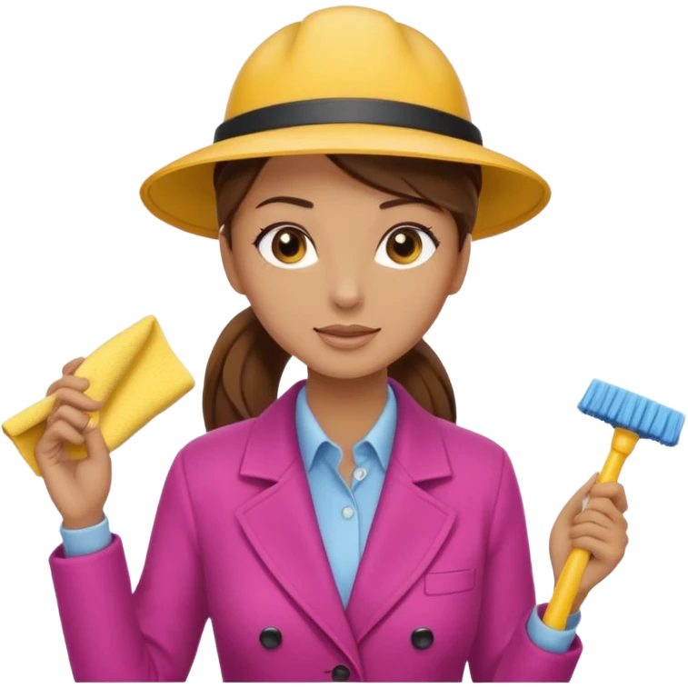 A cleaning Lady with Brown hair, high ponytail and yellow cleaning gloths is Talking to a Detektive with beige had, a beige coap and he is interviewing the cleaning Lady emoji