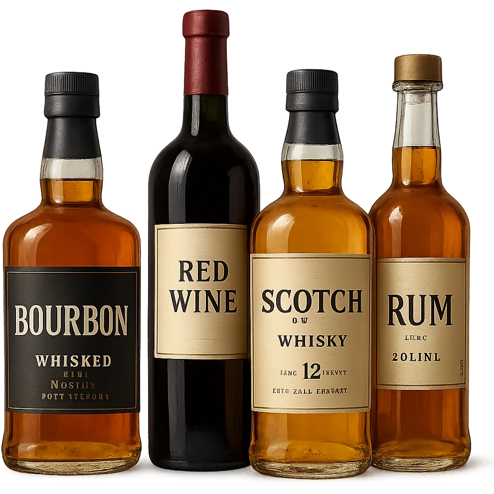 Four bottles of alcohol, each with distinct shapes and labels, arranged neatly in a row. The bottles should vary in color and size, with detailed labels and caps. emoji