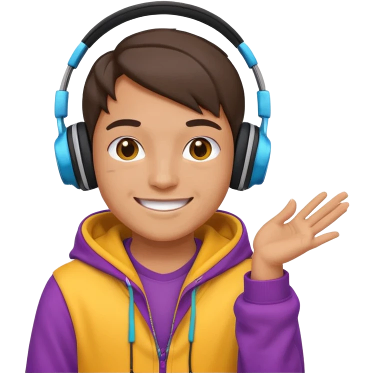 Kai Cenat, smiling, wearing headphones, animated pose, colorful hoodie, fun and lively, emoji style emoji