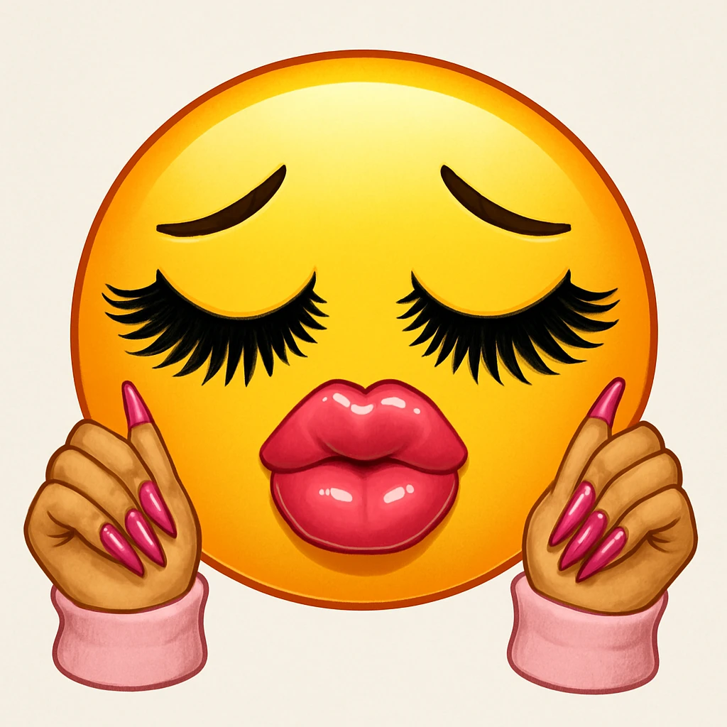 Make this image more like the meme emoji: yellow face with closed eyes and heavy false eyelashes, full glossy lips, and two hands with long pink-painted nails, matching the meme style closely. emoji