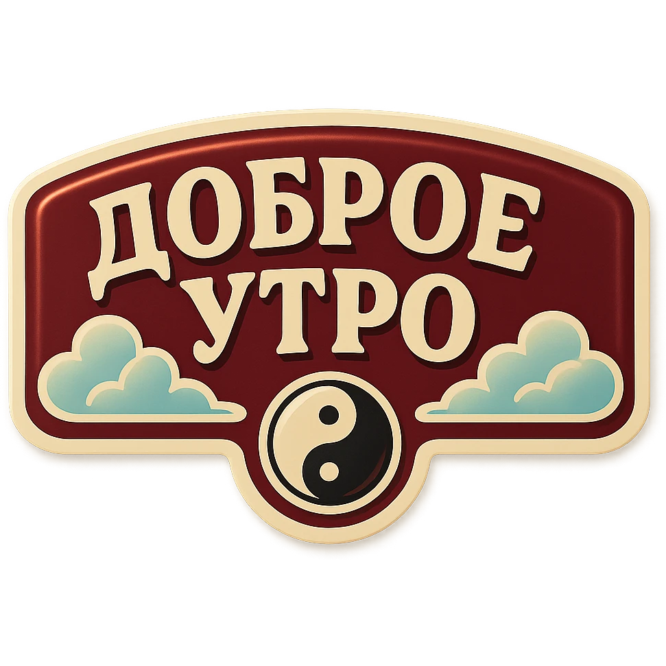 elongated horizontal banner with text 'Доброе утро', retro sticker style, burgundy background, beige letters, minimalist ornament with yin-yang symbol and clouds, soft shadows, transparent background emoji