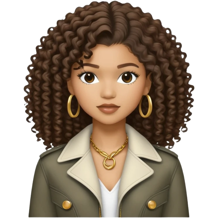 Zendaya with curly hair and stylish outfit emoji