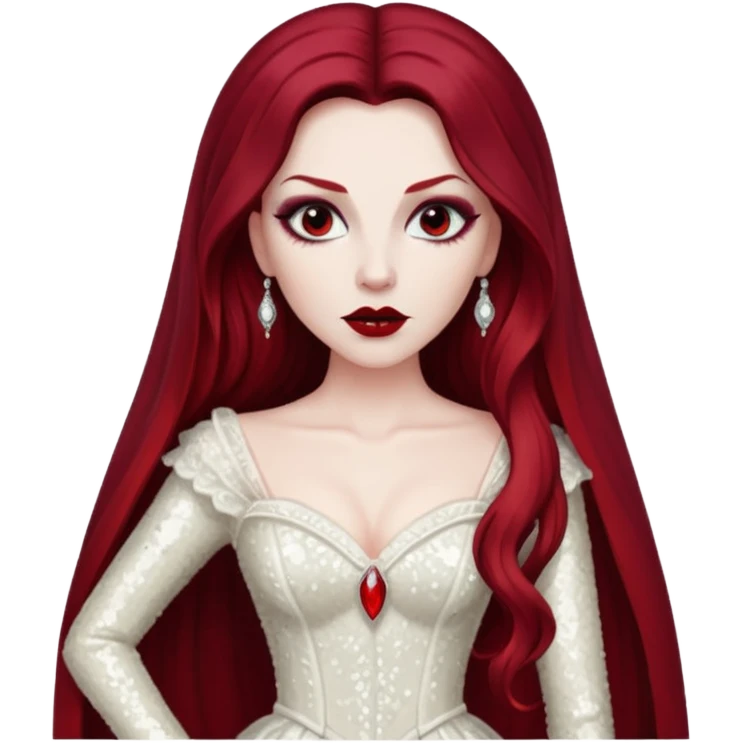 Bride of Dracula with long dark red hair, ivory sequin outfit emoji