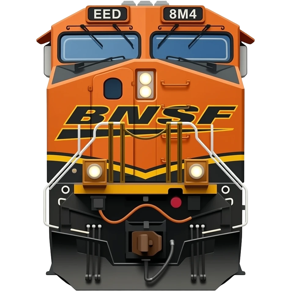 American made, EMD train engine, locomotive engine, front view, BNSF, cartoon style of a realistic picture emoji