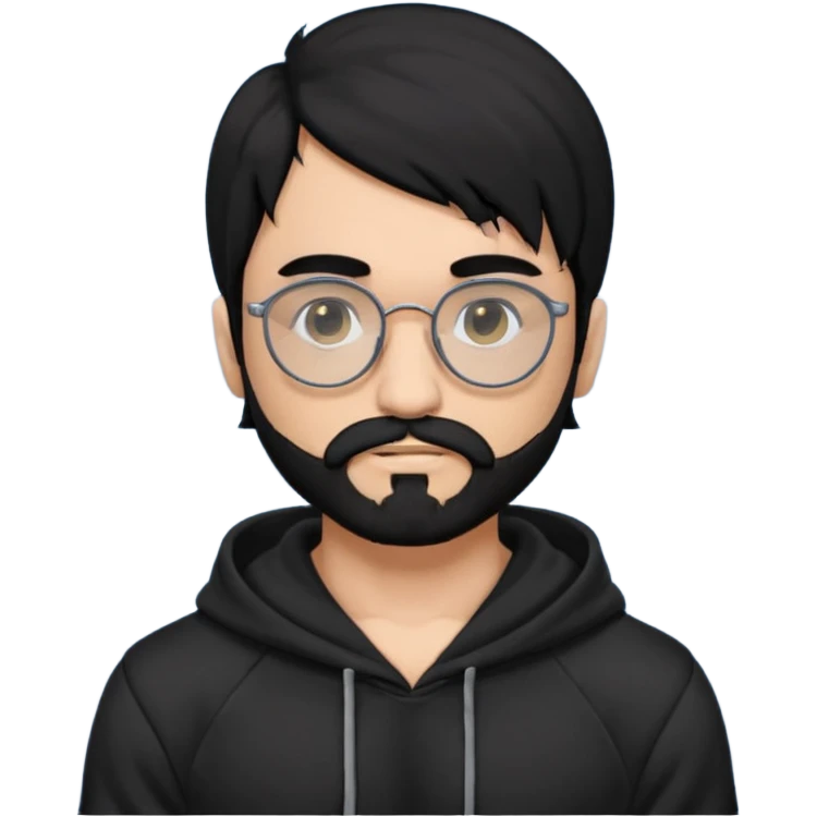 Man, hispanic skin, black hair, black beard, black mustache black eyes black t hoodie, small nose, long emo hair, muscular , round glasses emoji