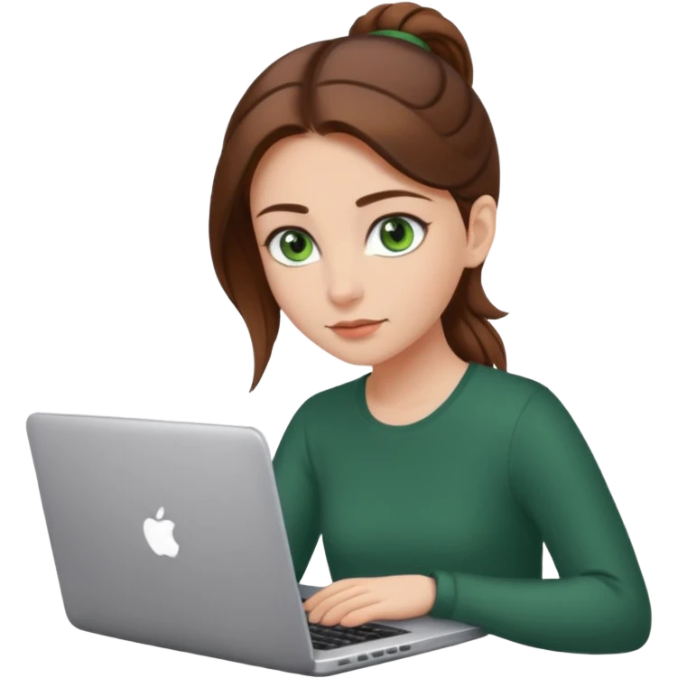 fată cu ochi verzi și păr șaten strâns în partea din spate a capului, lucrând pe un laptop emoji