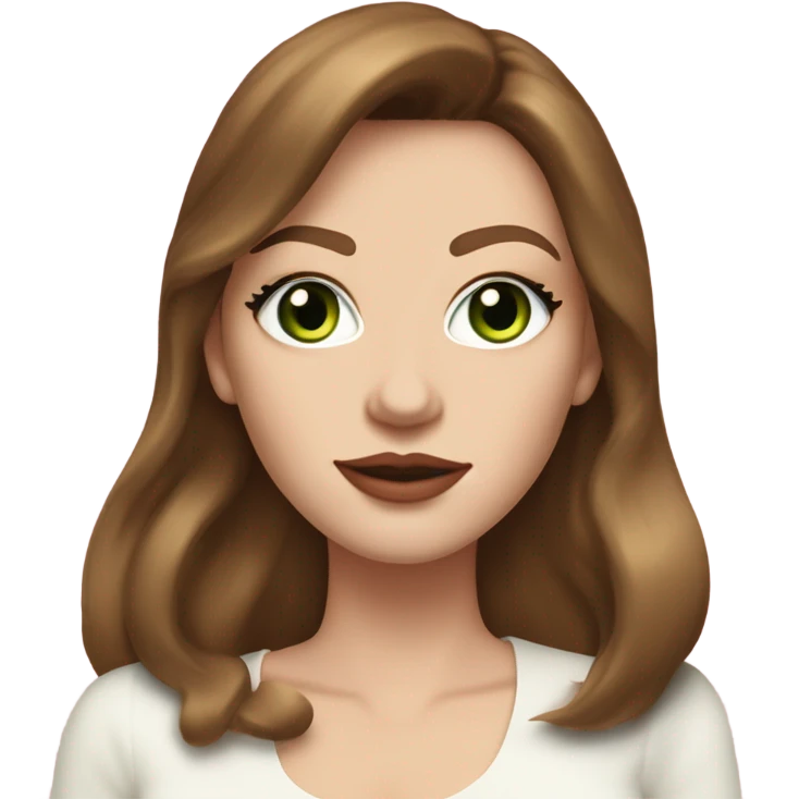woman, with chestnut brown hair, her hair are a 90s voluminous blowout with curtain bangs, she has very green eyes and a white pale skin, she has pink lipstick on and long lashes, she wears a white to and  gold earrings  emoji