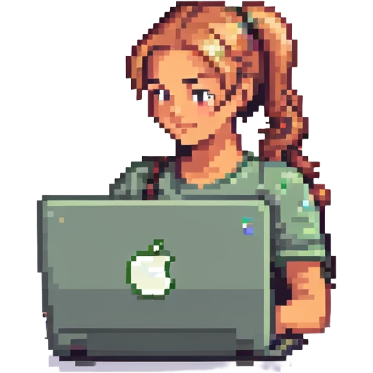 girl with ponytail using a laptop with an apple logo, simple background, pixel art style emoji