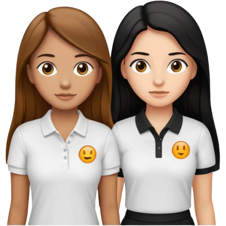 Dos mujeres juntas que una sea de color trigueña cabello largo castaño con una raya en medio polo blanco y de color blanca cabello largo negro polo negro, emoji