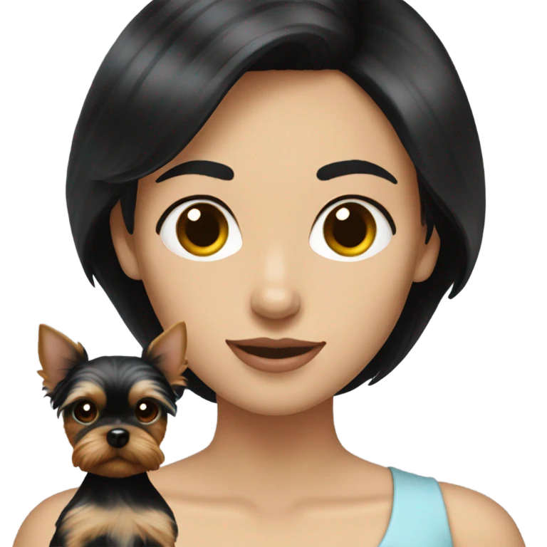 White lady with short black hair holding a Yorkie  emoji