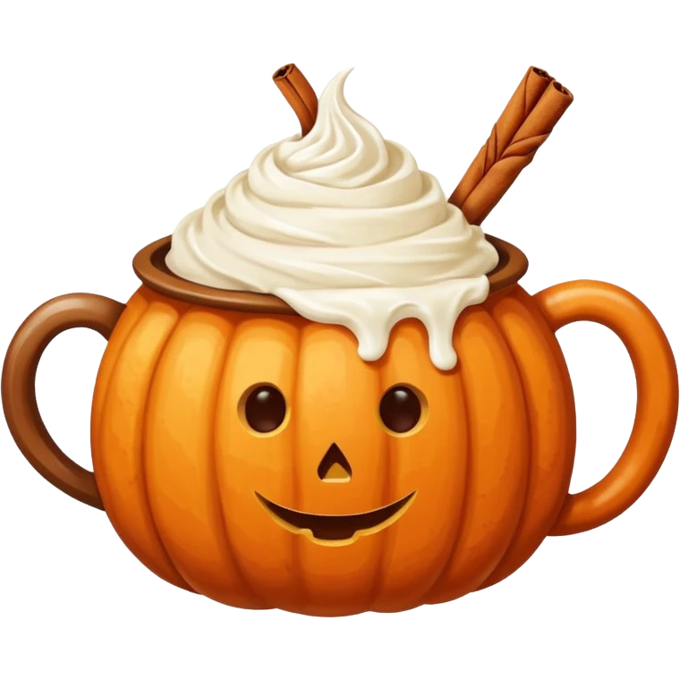 Round pumpkin-shaped mug with whipped cream swirl and one cinnamon stick, warm orange and cream tones. emoji