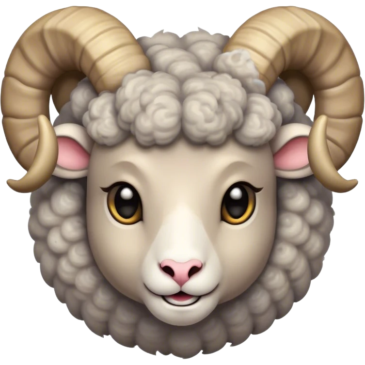 Cinematic Cute Ram Portrait Emoji, Head tilted playfully and inquisitively, featuring a dense, woolly grey fur with charming curled horns, round, sparkling dark eyes filled with curiosity, Simplified yet irresistibly adorable features, highly detailed, glowing with a warm, friendly glow, high shine, affectionate and spirited, stylized with a touch of rugged whimsy, bright and endearing, soft glowing outline, capturing the essence of a mischievous yet loving ram, so playful it feels like it could butt its way out of the screen and into your arms! emoji