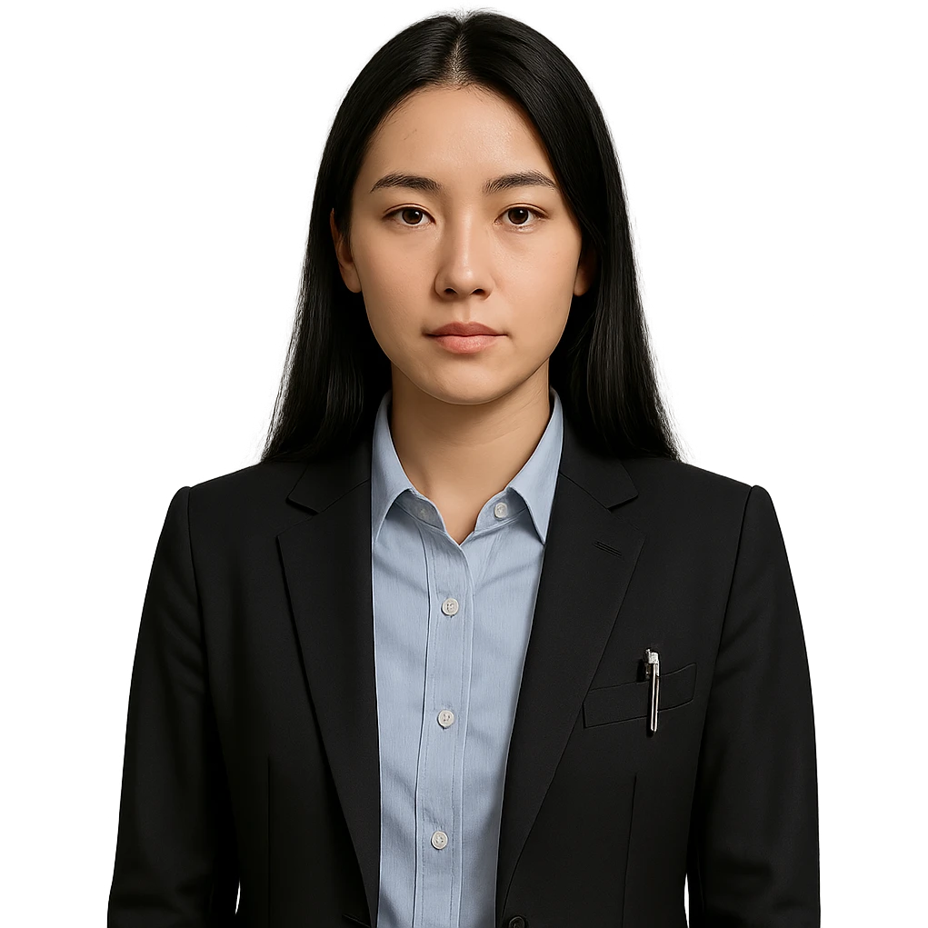 a girl with long black hair, neutral expression, wearing business style clothes including shirt and jacket, with a pen clipped to her jacket, professional and clean style emoji