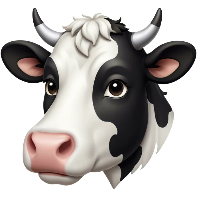 Cinematic Noble Black and White Cow Portrait Emoji, Poised and regal, with a large, sturdy build and a striking, well-groomed coat of pure black accented by crisp white patches, deep-set soulful brown eyes, Simplified yet sharp and sophisticated features, highly detailed, glowing with a soft, dignified glow, high shine, intelligent and calm, stylized with an air of modern elegance, focused and attentive, soft glowing outline, capturing the essence of a watchful and confident bovine guardian, so majestic it feels as though it could stride out of the screen with effortless authority! emoji