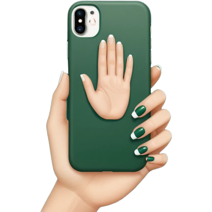female hand with nude manicure (5 fingers) holding a white iPhone in a dark green case, minimalism, side view, emoji style emoji