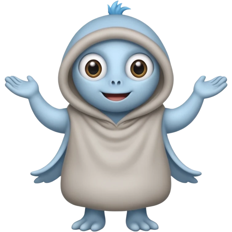 No head..it has 1 eye....stands upright ...wears clothing. is light grey and light blue..looks happy and cuddly... doesnt have a full head.... there is a appendage coming out of top of body with a single large eye emoji