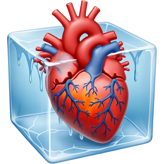 A realistic human heart completely frozen, trapped inside a clear ice cube emoji