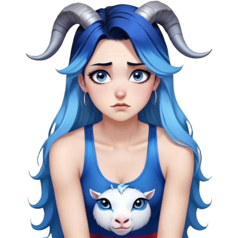 Disapponted-crying big tears-head back texting on phone-very very large upper body-sexy face-bending forward at waist-very long very straight dark blue to light blue ombre hair-and-blue eyes- black eyeliner-cute goat horns-iridescent blue lowcut tanktop with black leggings with glitter superman logo emoji