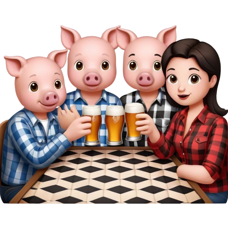 a group of friends sitting at a black and white checkered table holding beers and wearing pig noses  emoji