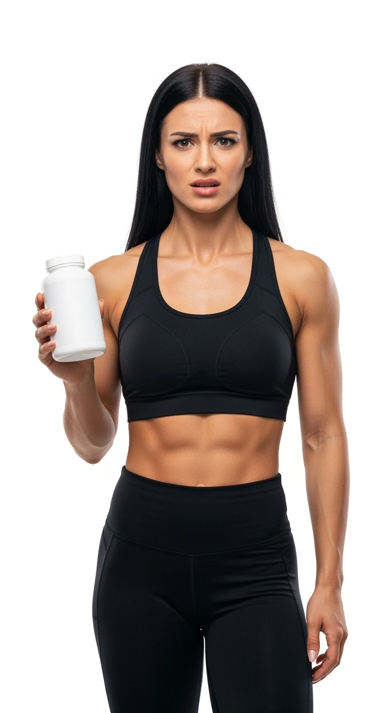 DONNA FITNESS ITALIANA CON BOCCETTA DI INTEGRATORE BIANCA  IN MANO ED ESPRESSIONE DUBBIOSA IN VOLTO, REALISTICA 4K, ISOLATA SU SFONDO BIANCO emoji