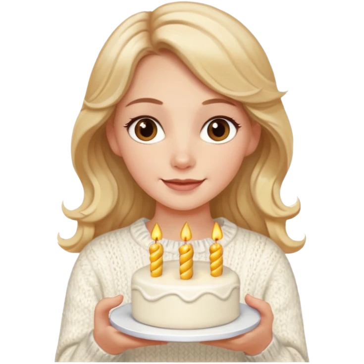 A pretty white girl with hazel brown eyes and long  down and blonde wavy hair in a cosy white knit sweater, she is celebrating her birthday and is happy emoji