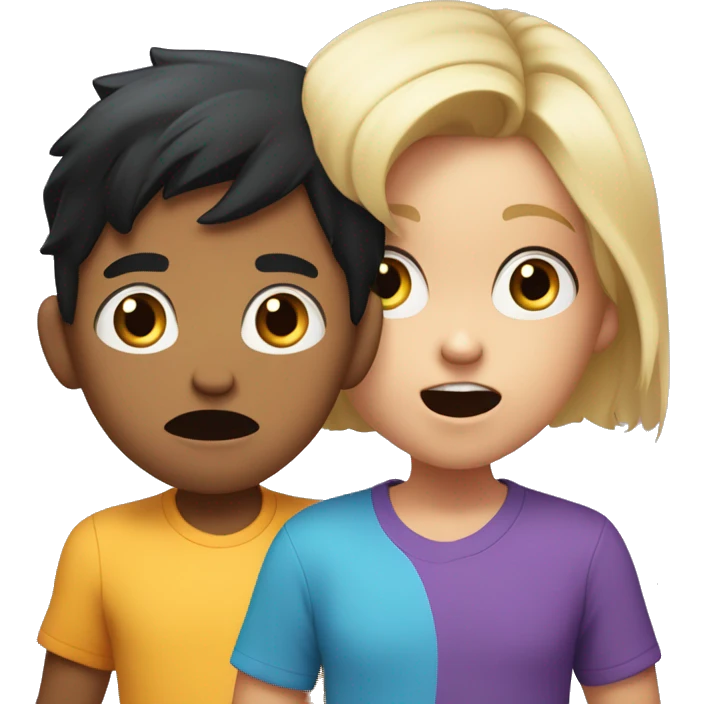 one cartoon characters, a young boy with black hair wearing a blue shirt and a young girl with blonde hair wearing a purple shirt, both covering their mouths with their hands in a surprised expression emoji