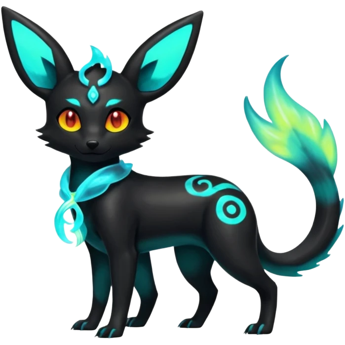 Shiny Ethereal Eldritch Cool Edgy Badass Punky Aural Iridescent Fluorescent Bioluminescent Umbreon-Amaura-Salandit-Litten-Flareon-Fakémon-fusion (full body) emoji
